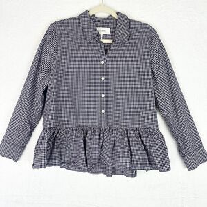 The Great Ruffle Oxford Shirt Size 2 US Medium Plaid Cotton Peplum Long Sleeve
